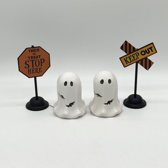 4 Pc Set Ceramic LED Halloween Ghosts w/ Bats & 2 Mini Street Signs New - Picture 1 of 9